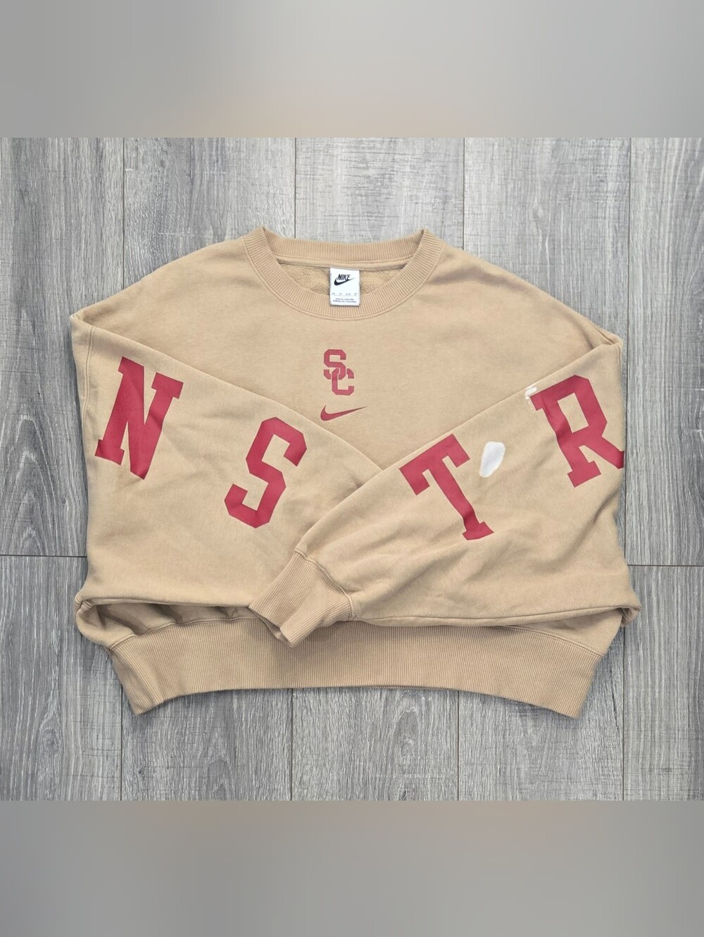 Nike USC Trojans Oversized Cropped Sweatshirt Tan Red XS Distressed Spellout